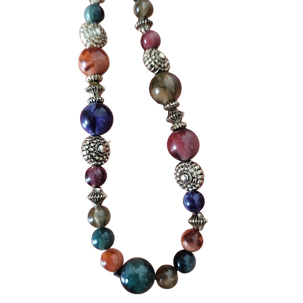 Boho Earth Tone Beaded Necklace Silver Filigree Accents Multi-Color Stone 26"